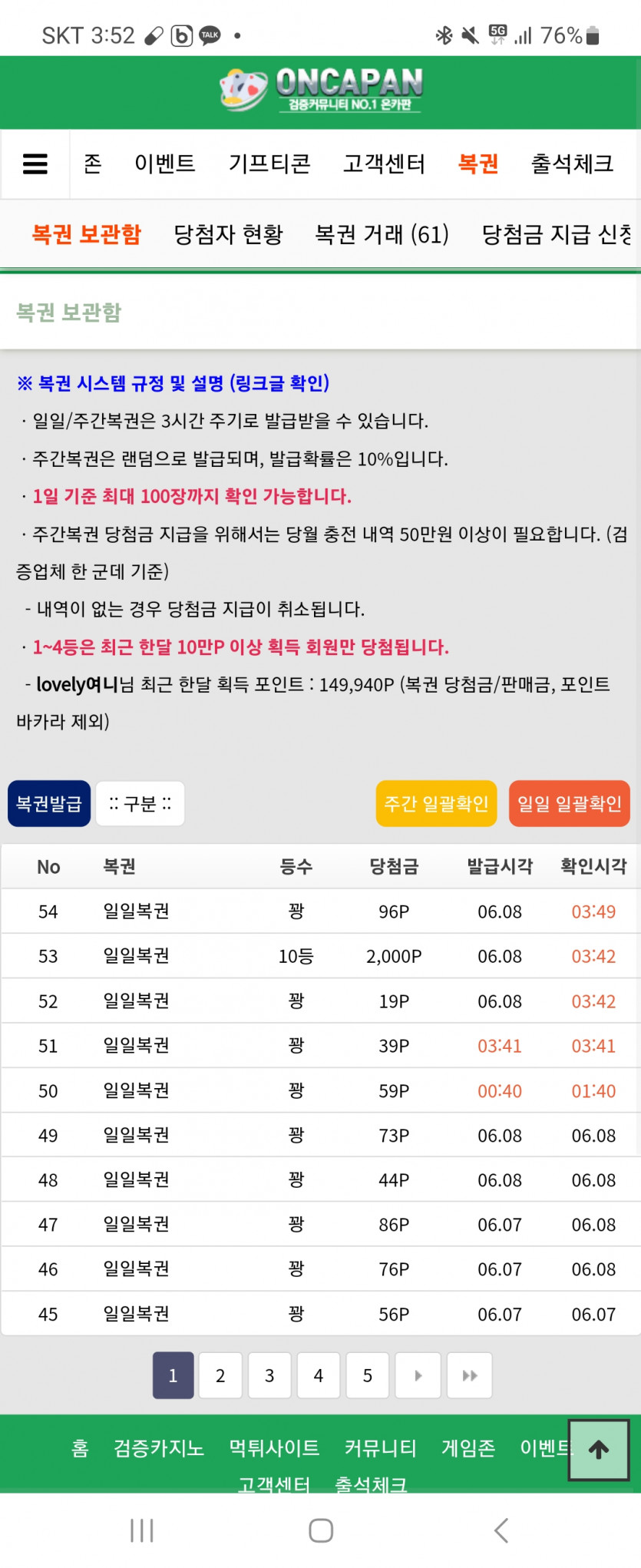 복권깟는데 10등나왔네여(0)
