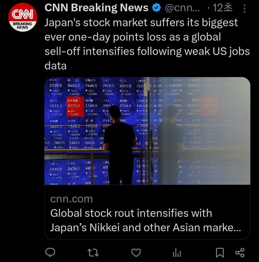 CNN 속보) 일본 주식시장 사상 최대 일일 포인트 손실(0)