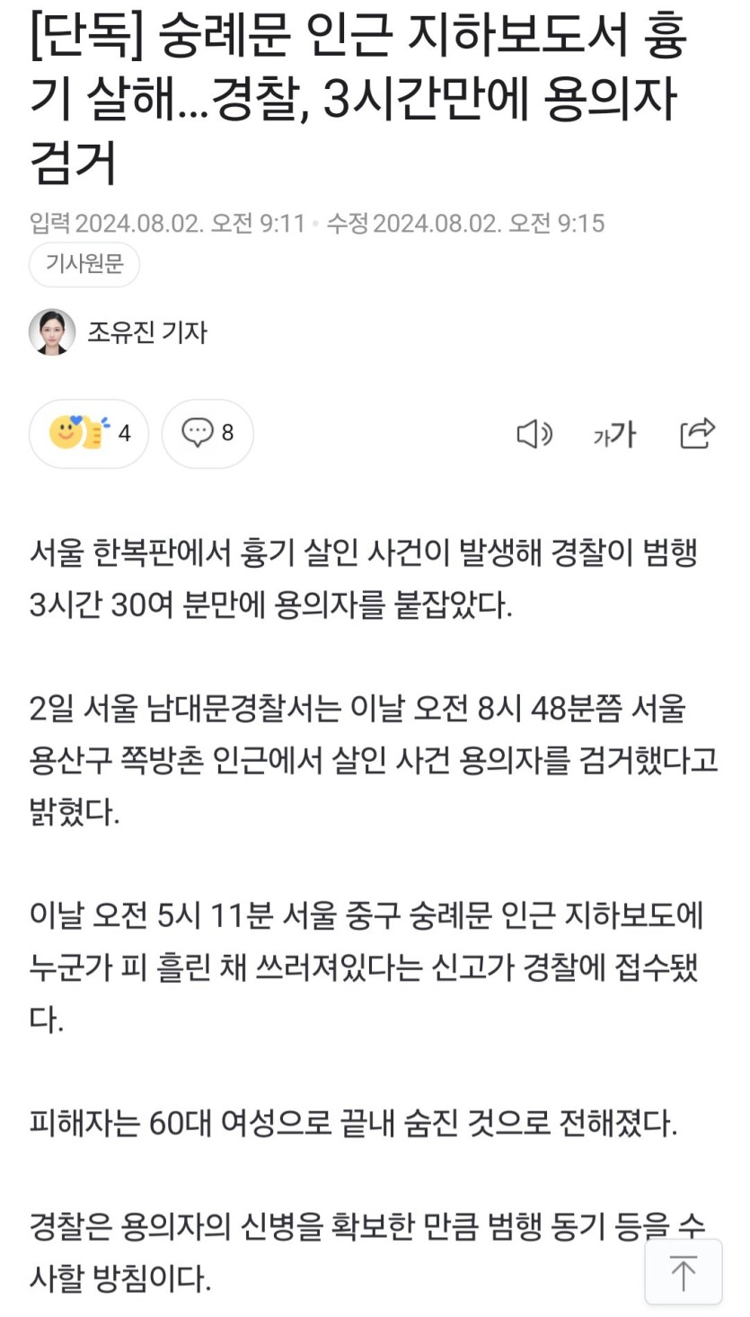 숭례문 인근 지하보도서 흉기 살해…경찰, 3시간만에 용의자 검거(0)