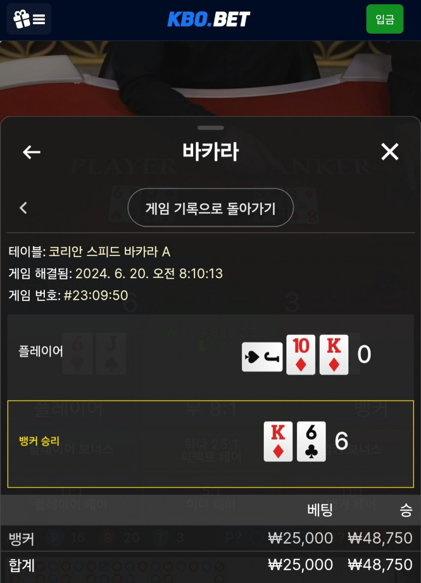 6/20 크보벳 바카라 후기(0)