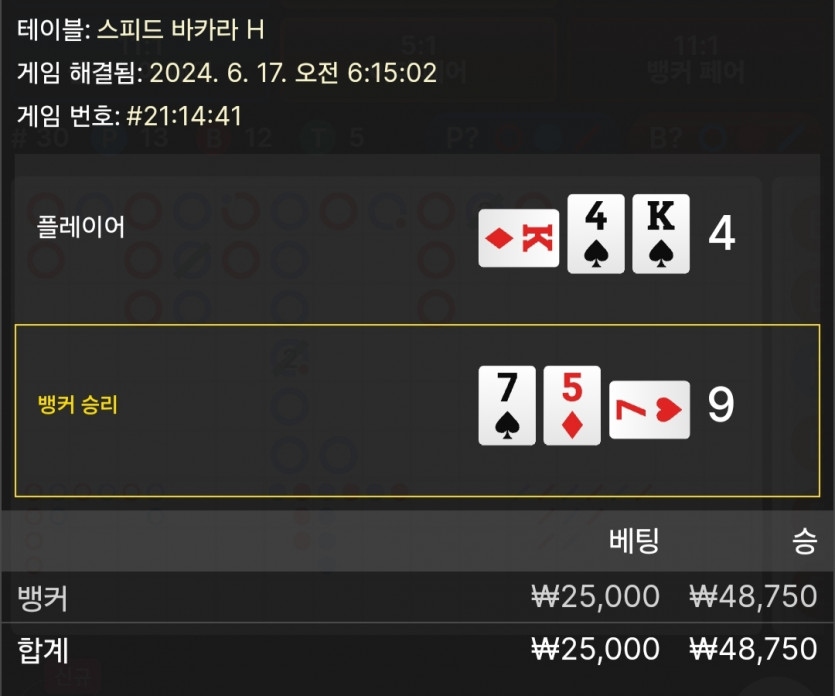 6/17 케이 바카라 후기 4(0)